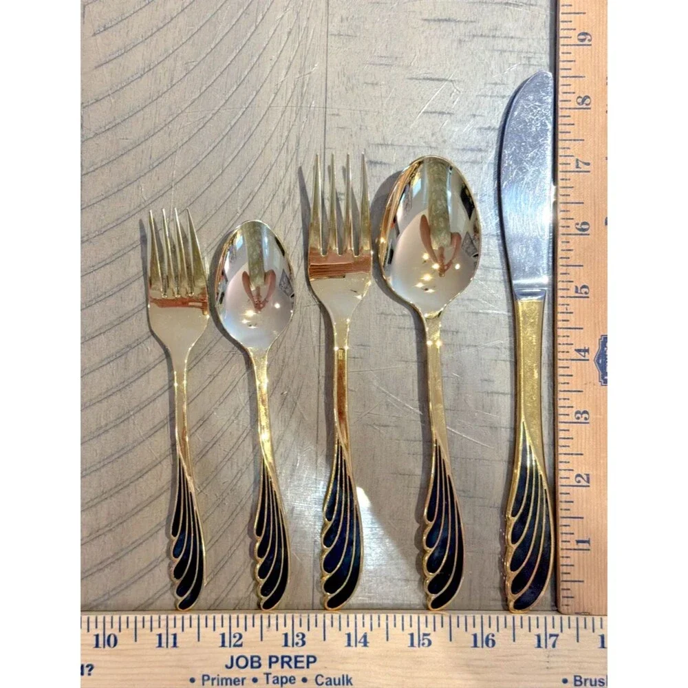vtg Ranmaru Wave Golden silverware flatware cutlery Black gold knife spoon Fork